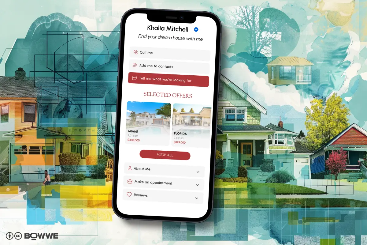 Mockup on mobile phone of digital business card of real estate agent with listings by BOWWE