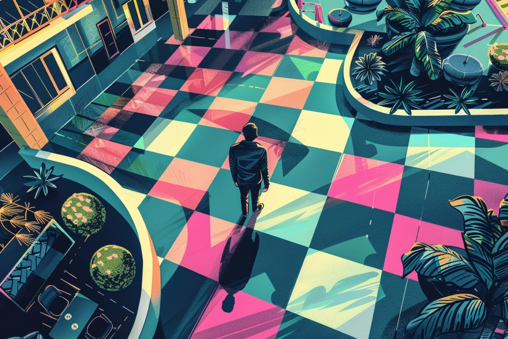 Men walking through hotel lobby