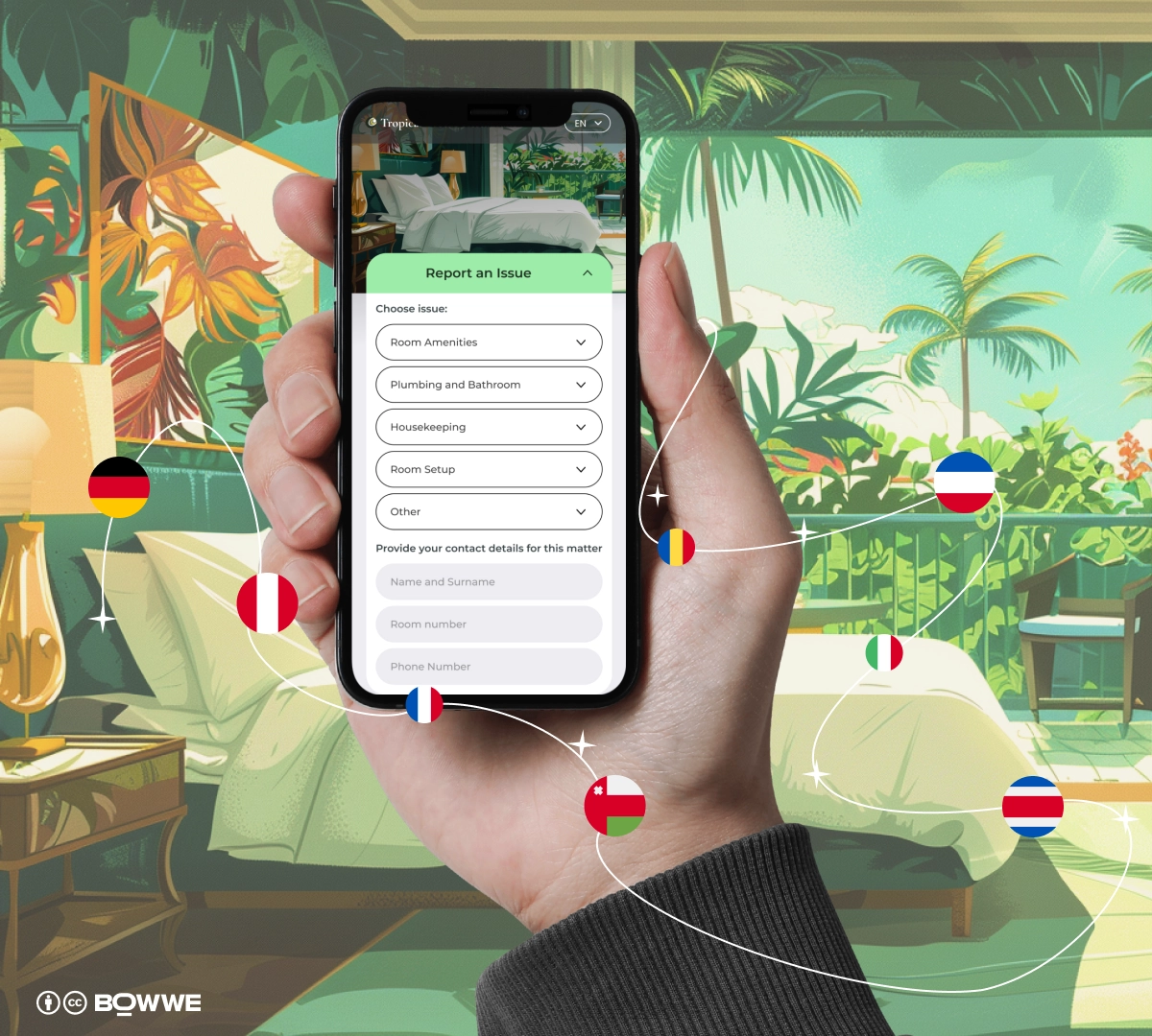 Hand holding an phone with BOWWE Micro App for hotel on screen with form for reporting issues