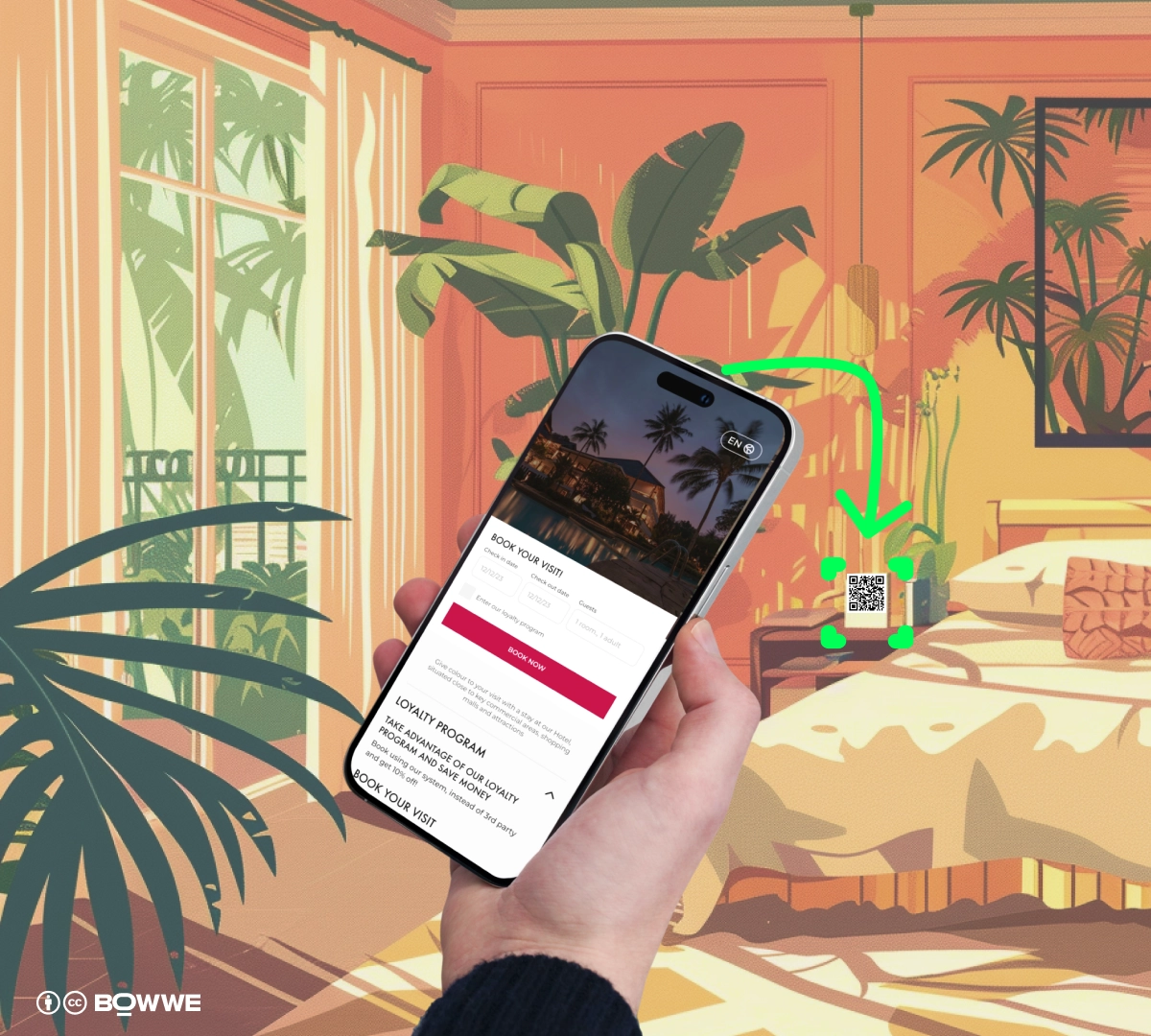 Hand holding a phone with BOWWE Micro App for hotel on screen with booking form open