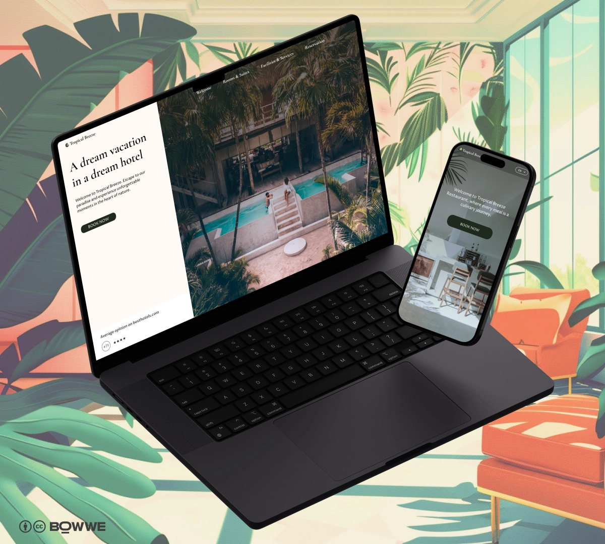 Laptop and phone with hotel website on screens