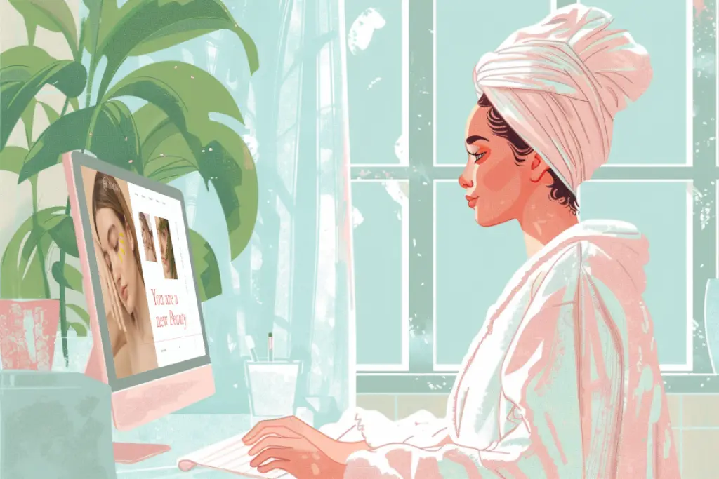 A woman in a bathrobe and a towel on her head is browsing the computer with open SPA website