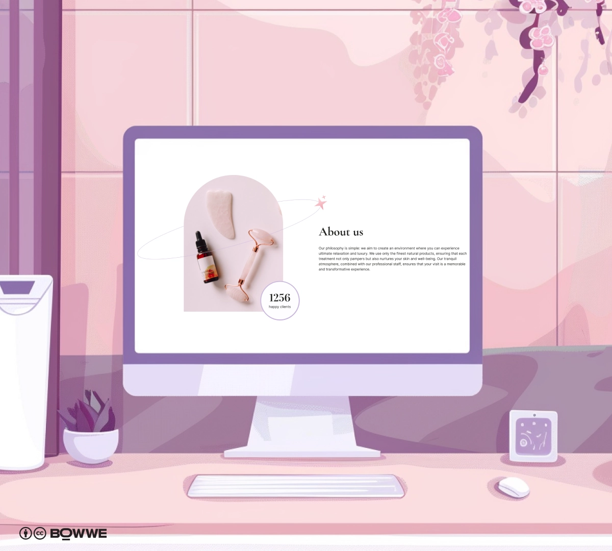 monitor with SPA website template with section "About Us"
