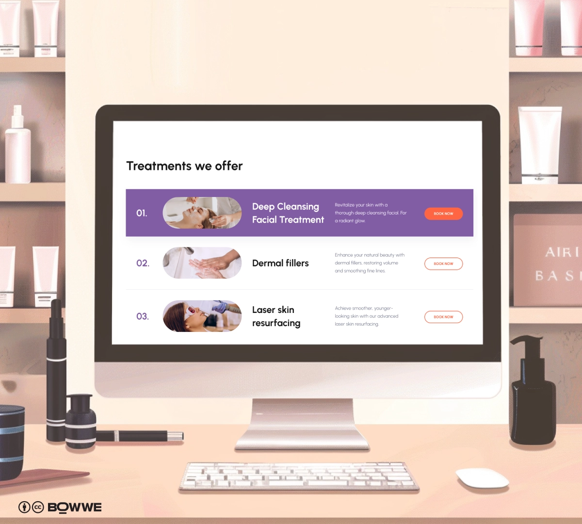 monitor with SPA website template with section "Offerings"