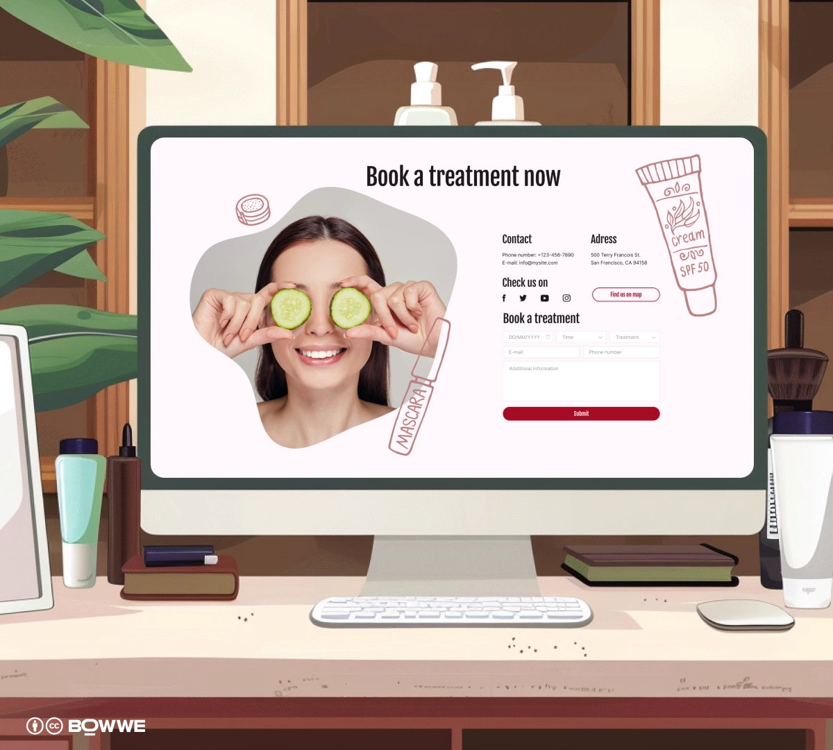 monitor with SPA website template with section "Book now"