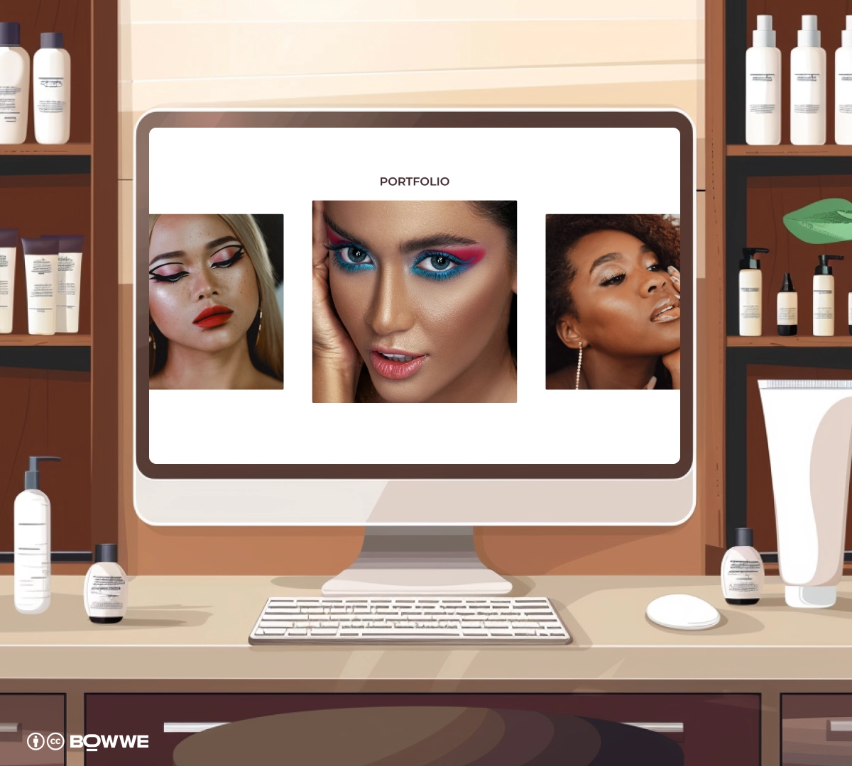 monitor with SPA website template with section "Portfolio"