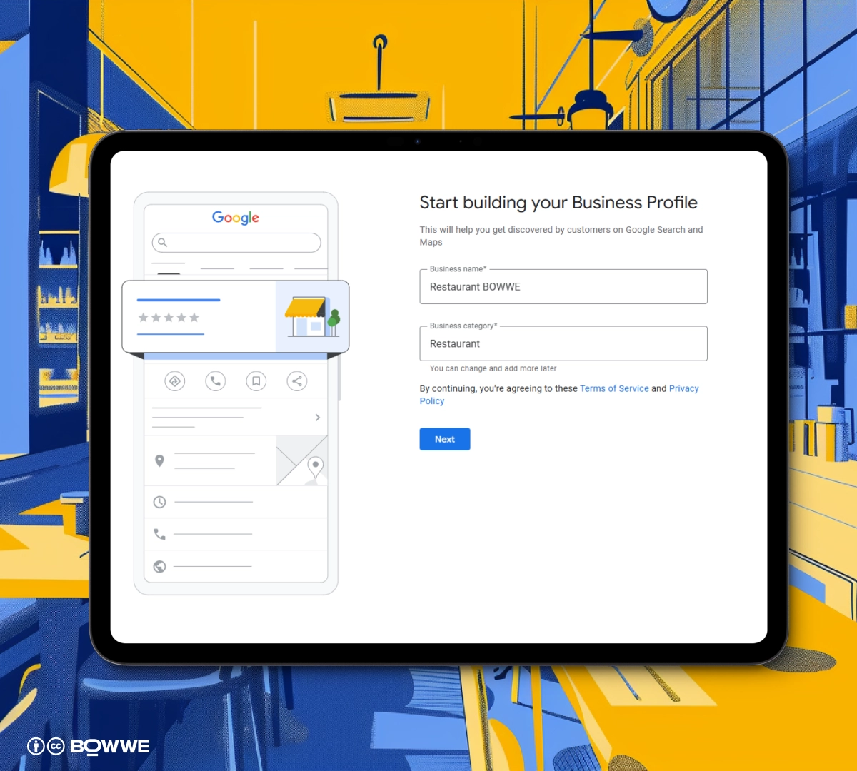 Screen from Google Business setup for restaurant with editing of Business name and category
