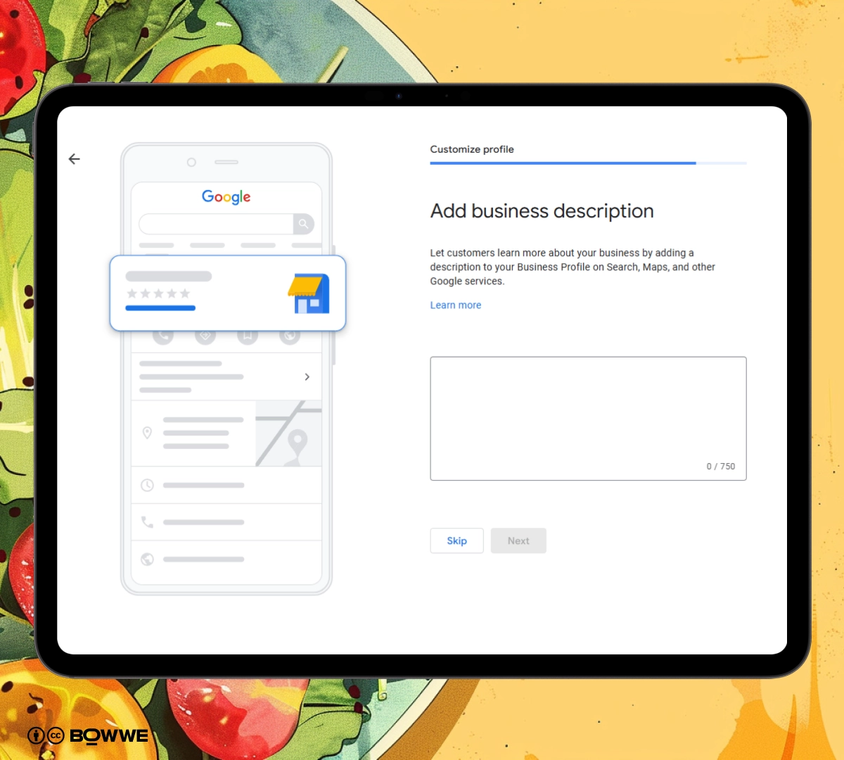 Screenshot from Google Maps setup with business description on background with salad