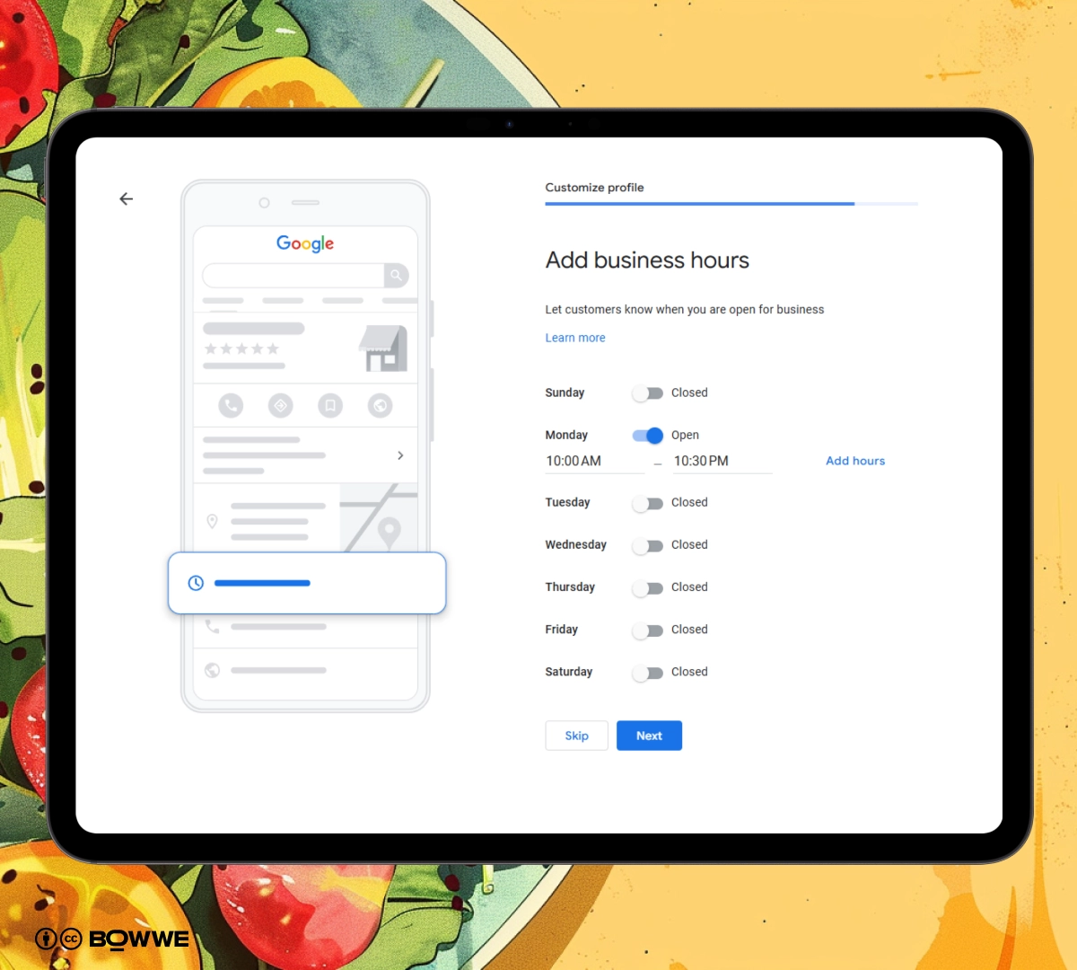 Screenshot from Google Maps setup with business hours on background with salad