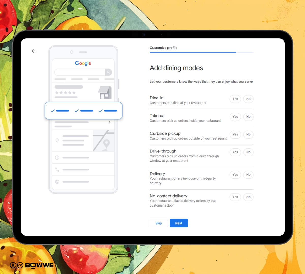 Screenshot from Google Maps setup with dinning modes on background with salad