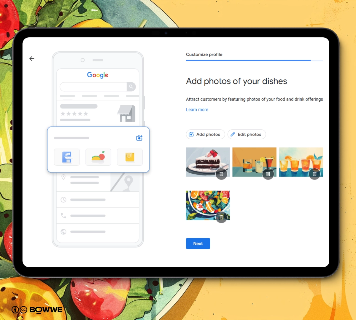 Screenshot from Google Maps setup with food photos on background with salad