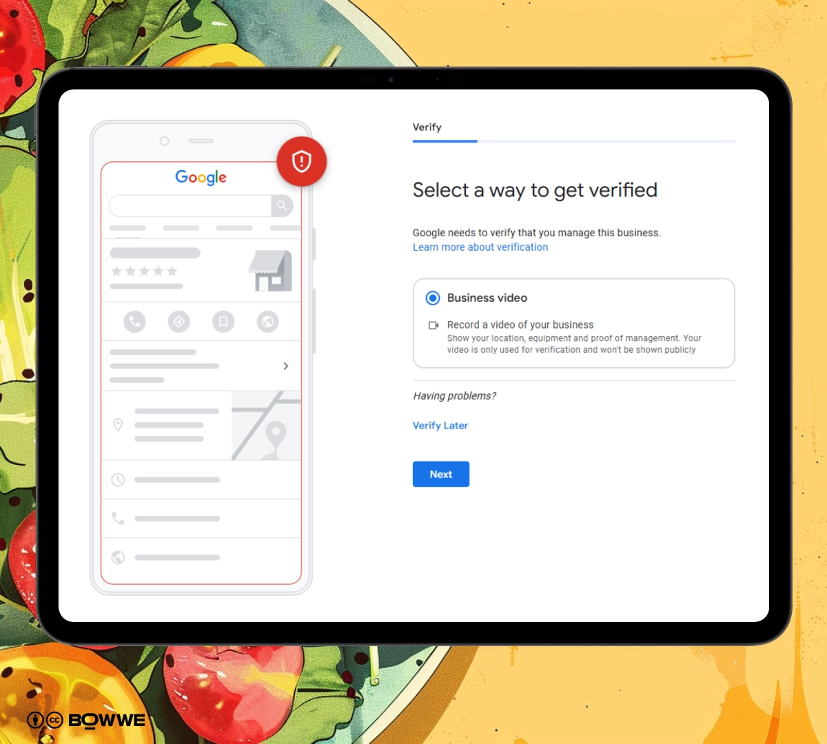 Screenshot from Google Maps setup with verification on background with salad