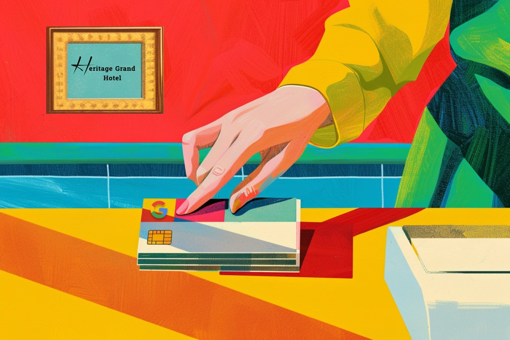 Receptionist dell'hotel che mostra la carta di Google Business