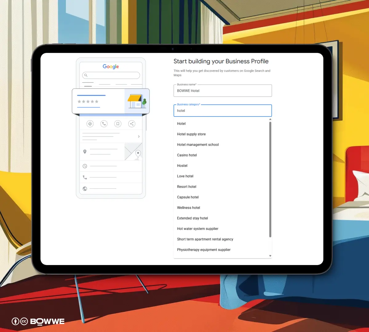 Schermata di configurazione di Google Business per hotel con modifica della categoria dell'hotel