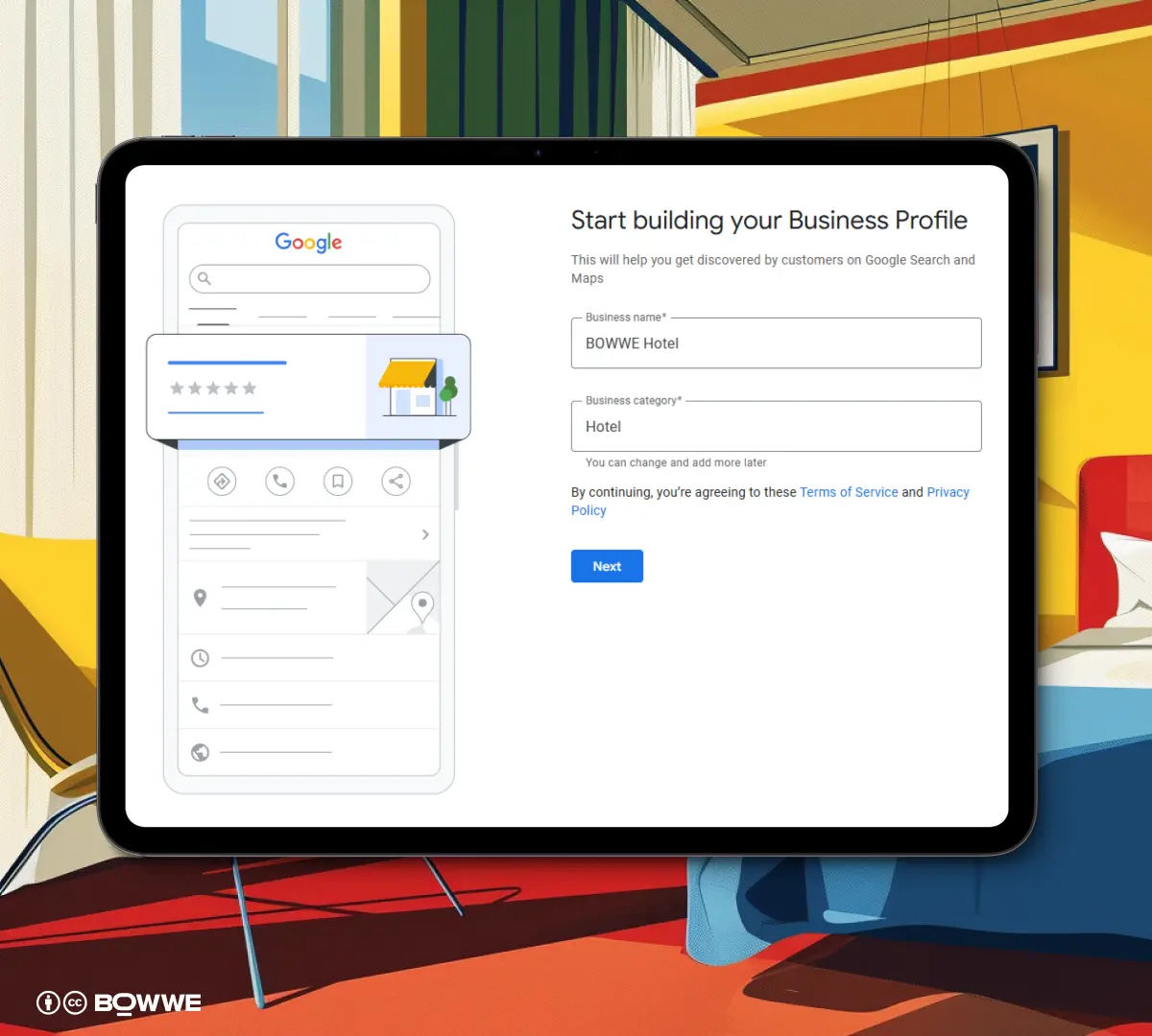 Schermata di configurazione di Google Business per hotel con modifica del nome dell'attività e della categoria