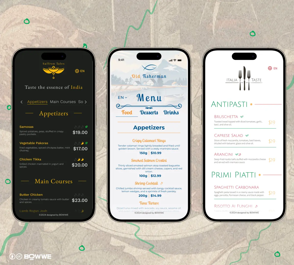 BOWWE restaurant menu templates three layout styles