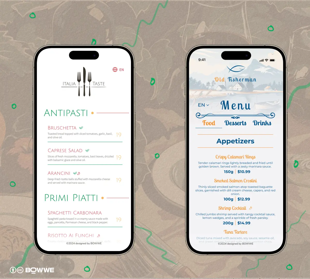 BOWWE restaurant menu templates with two pricing styles