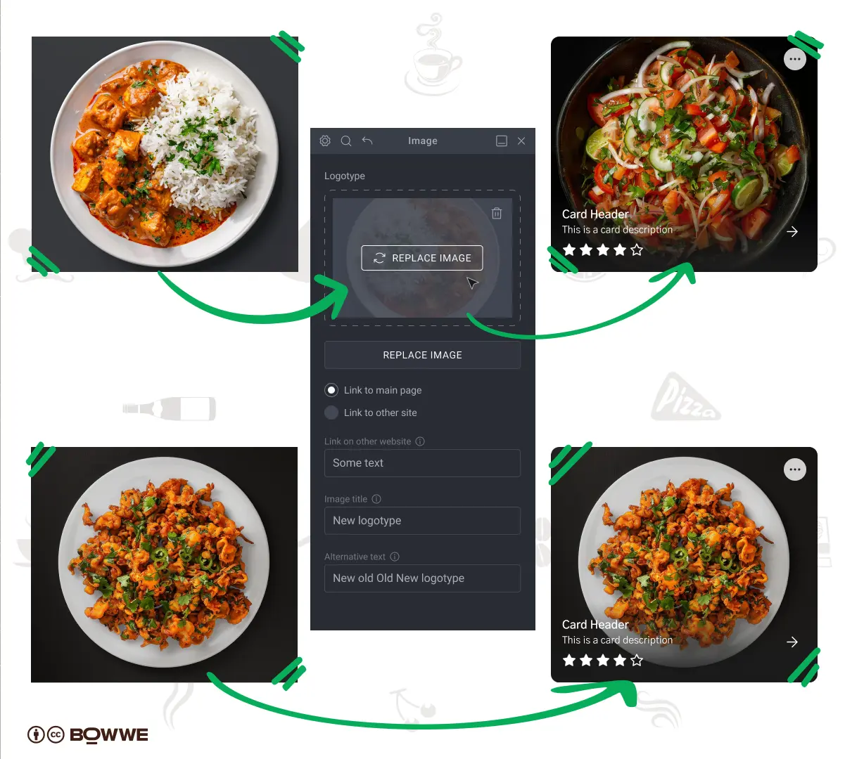 BOWWE Restaurant menu template with edit of dishes photos