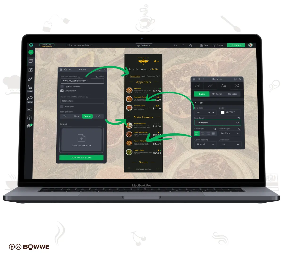 BOWWE Menu Creator showing creation of restaurant menu