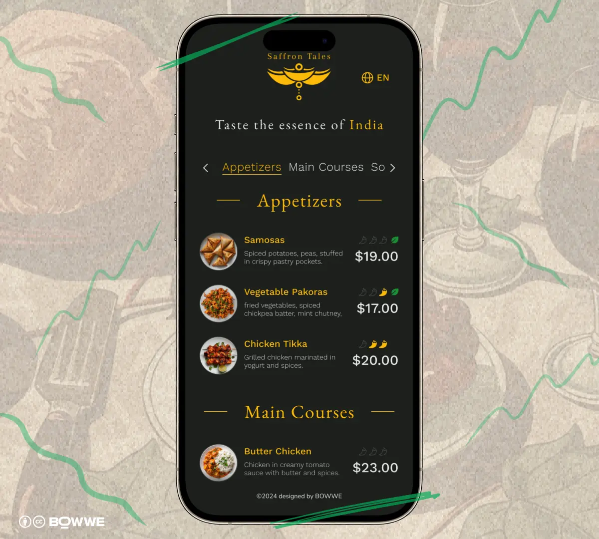 Final look of BOWWE Restaurant menu template for Indian restaurant made in BOWWE Menu Creator 