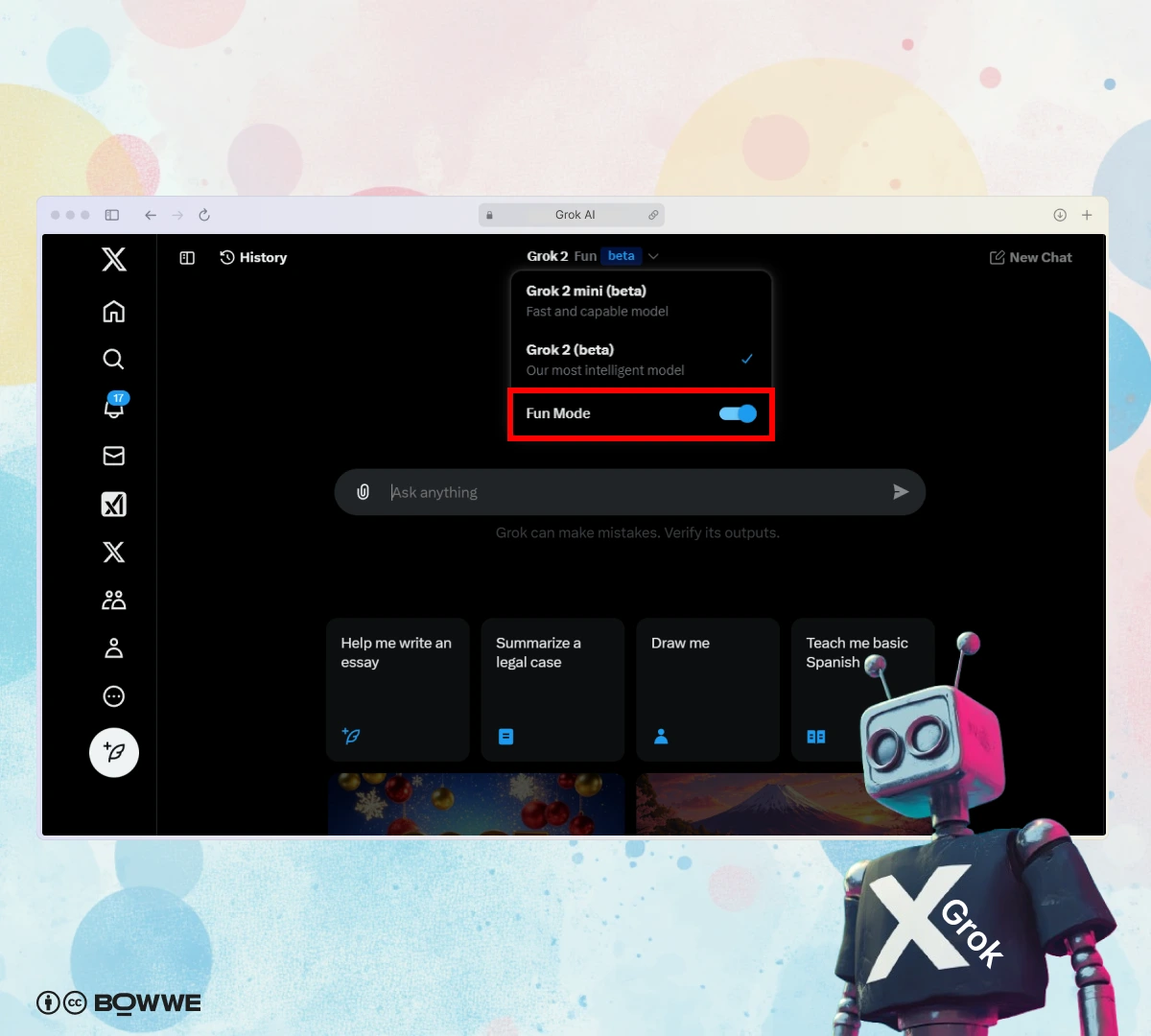 Screenshot of turning on Fun mode in Grok