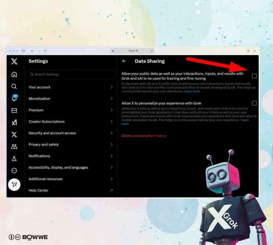 Screenshot of settings in X about turning off data sharing for Grok