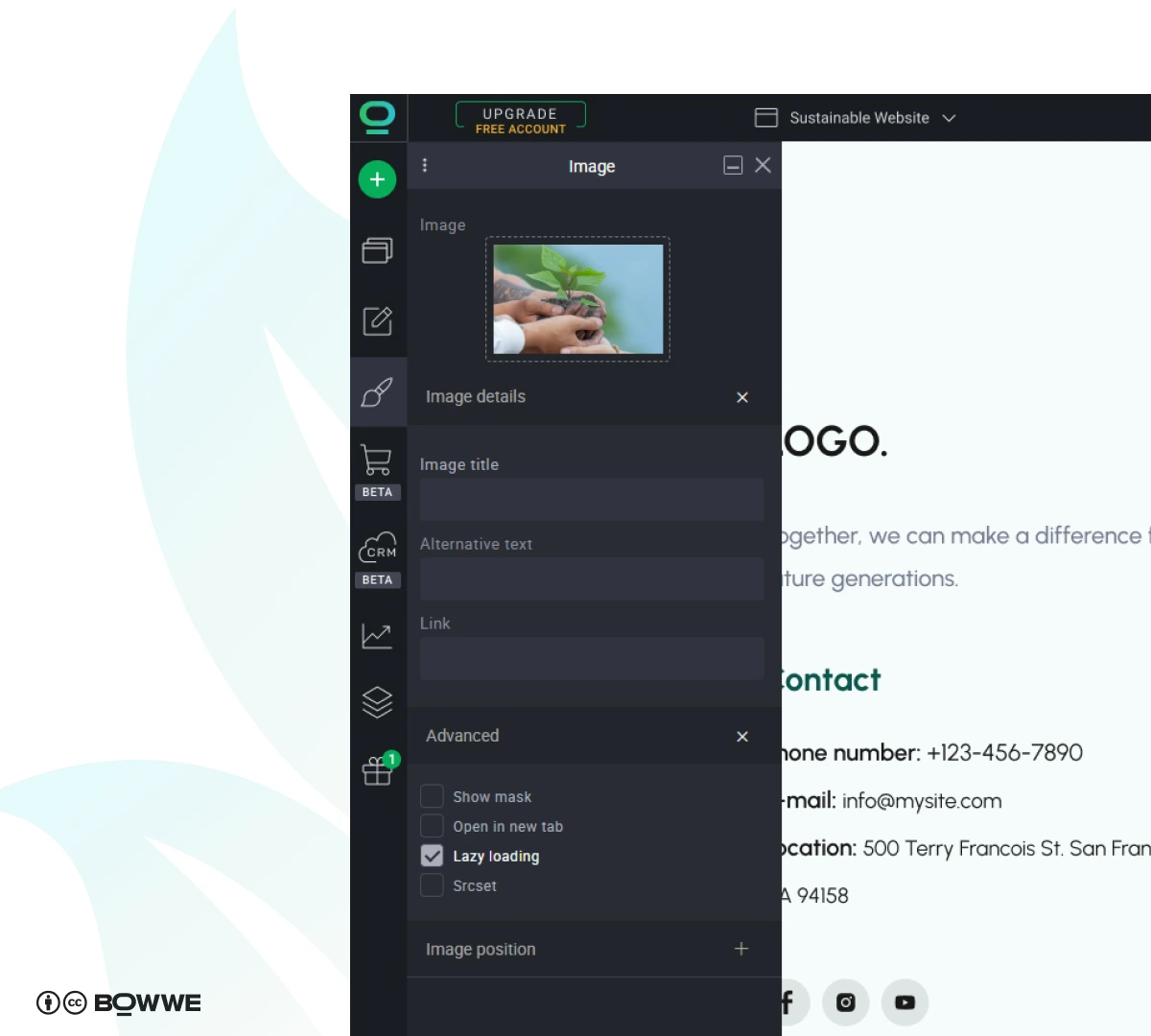 Impostazioni widget immagine con caricamento differito in BOWWE Website Builder