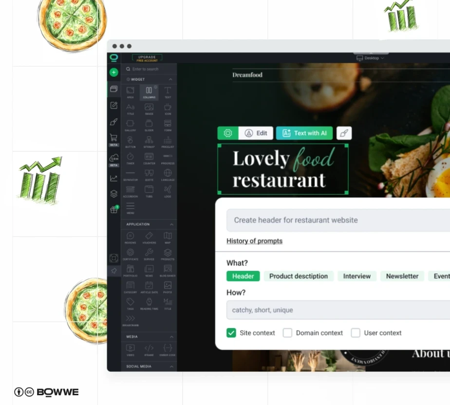Screenshot of content creation on restaurant website in BOWWE through AI Text Generator