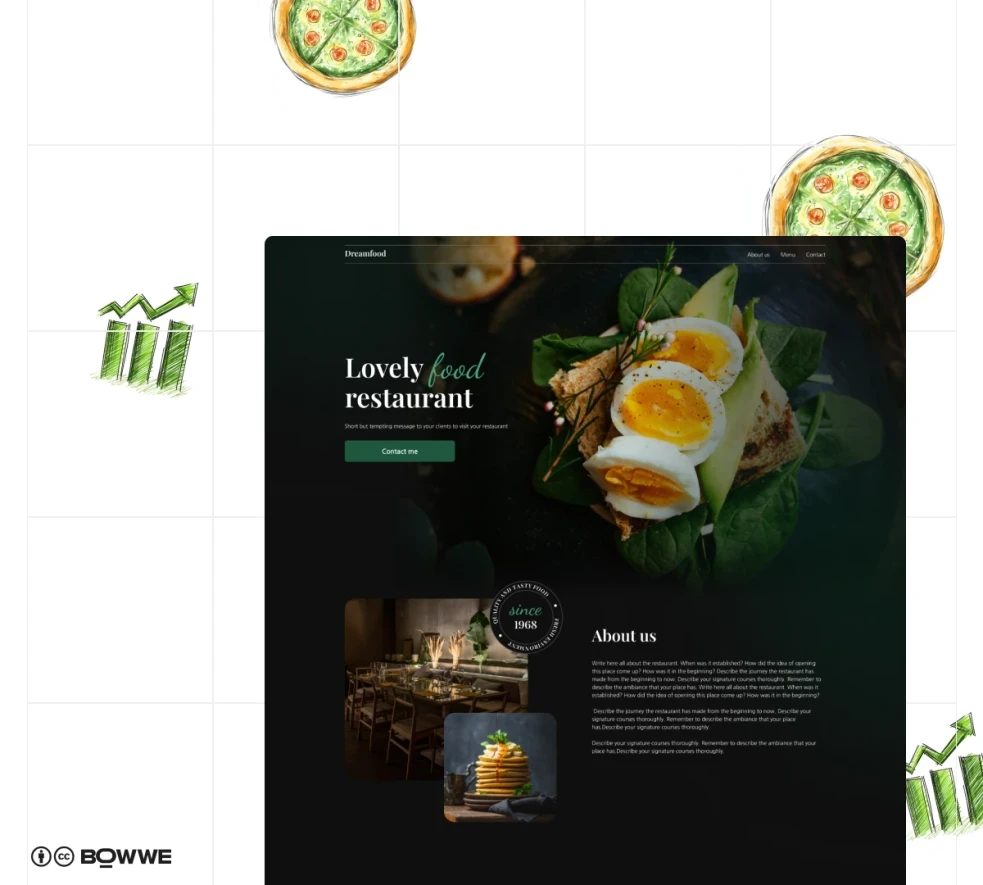 Restaurant website template from BOWWE on white background with doodles