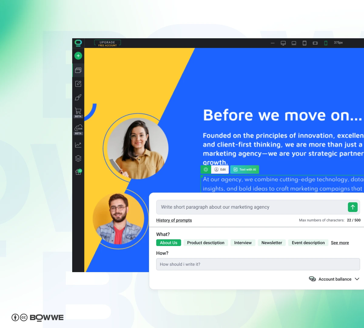 Создание раздела «О нас» на сайте маркетингового агентства, созданного в BOWWE Website Builder