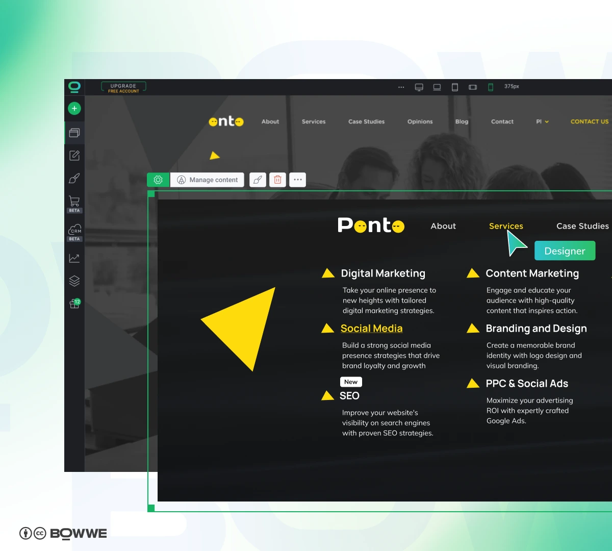 Меню навигации на маркетинговом сайте, созданном в BOWWE Website Builder