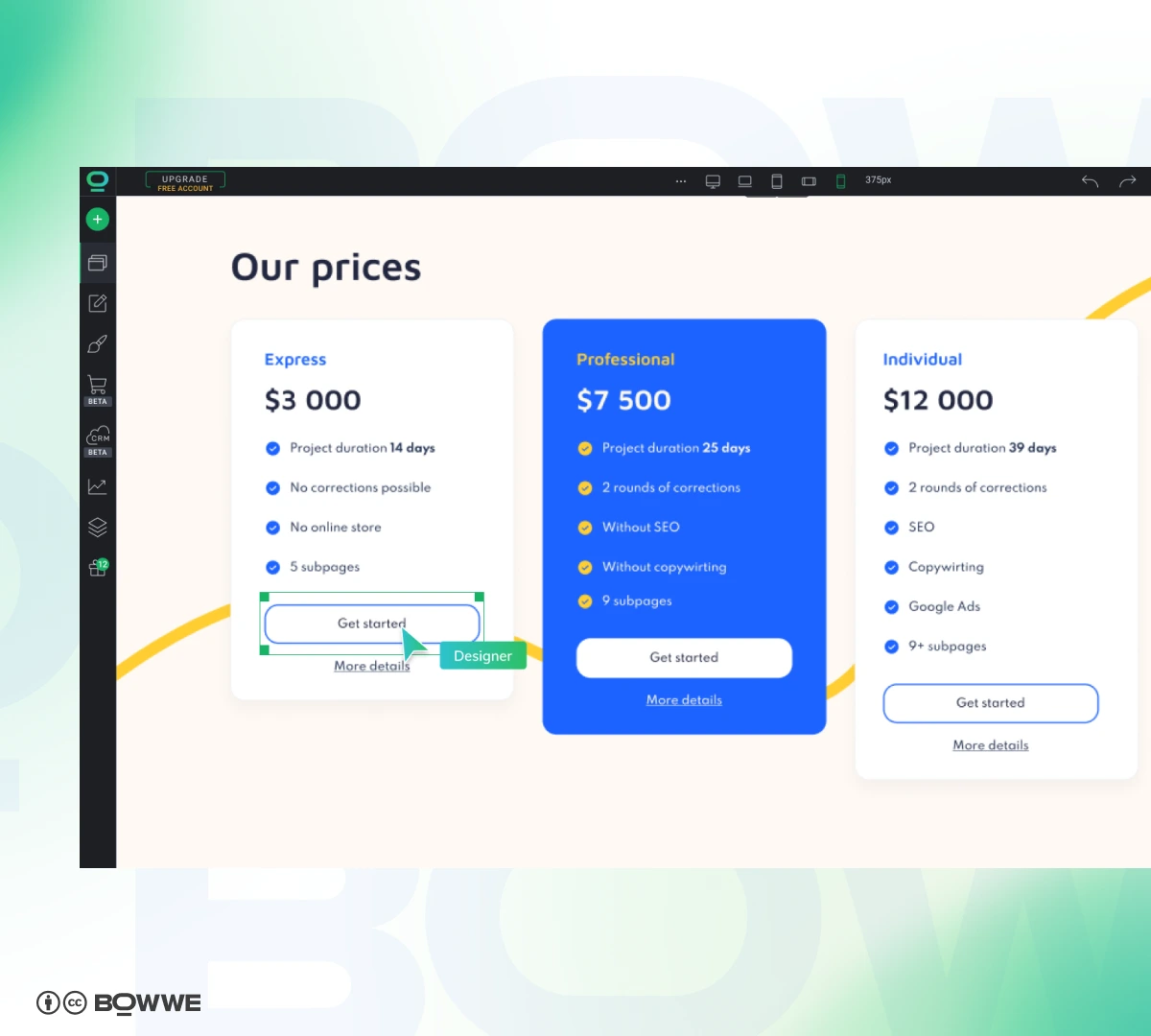 Создание цен на сайте маркетингового агентства, созданного в BOWWE Website Builder