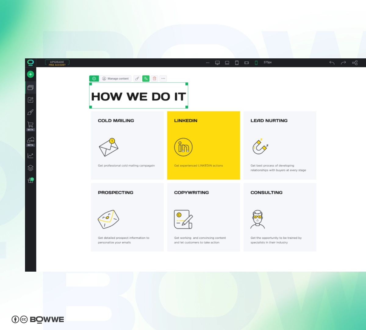 Создание услуг по маркетингу веб-сайта, созданного в BOWWE Website Builder