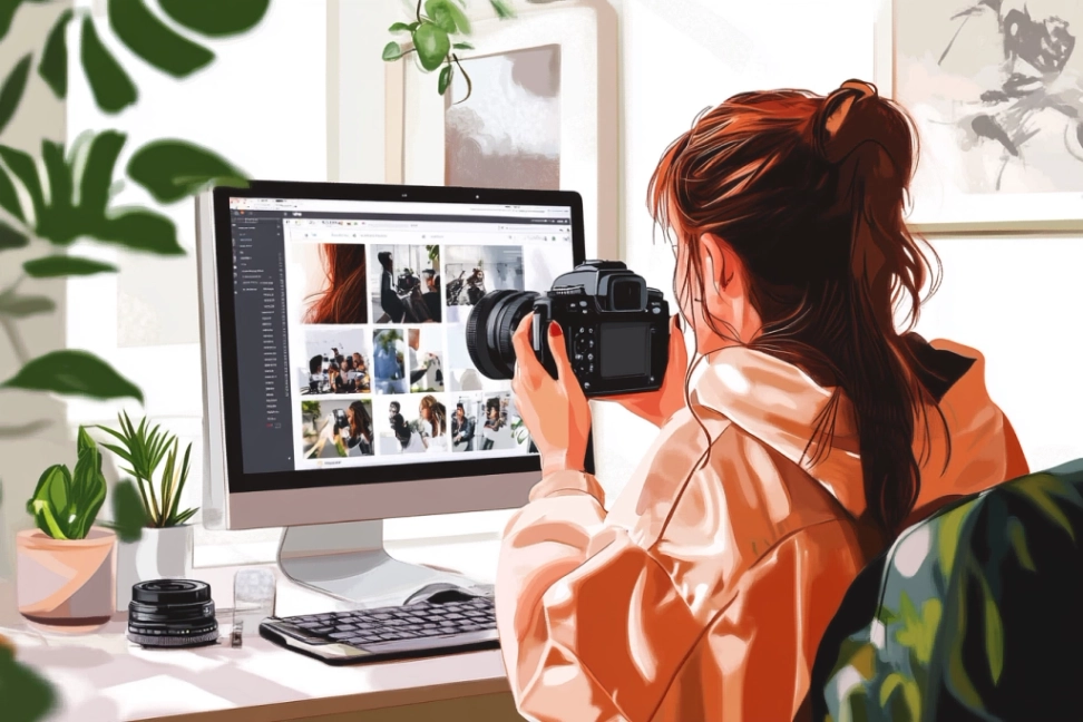 Mujer sosteniendo una cámara y navegando en el sitio web de un fotógrafo.