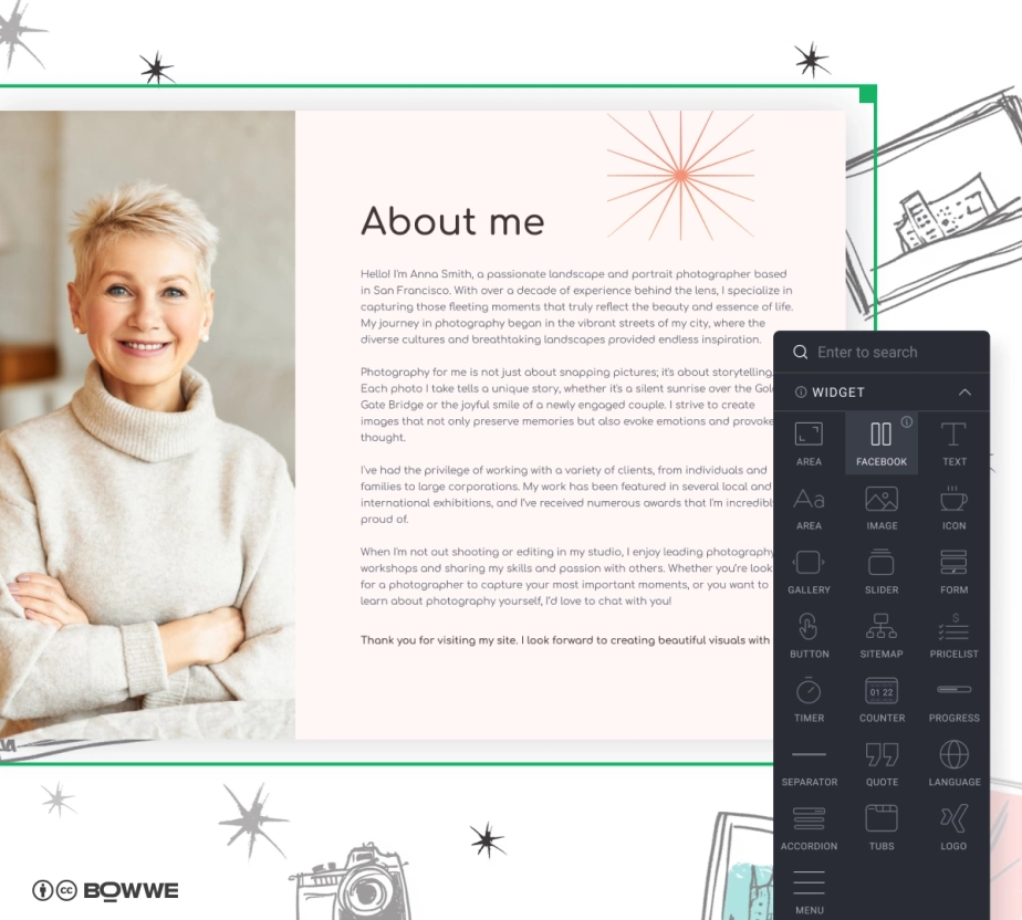 Sección sobre mí en el sitio web del fotógrafo creada con BOWWE Website Builder