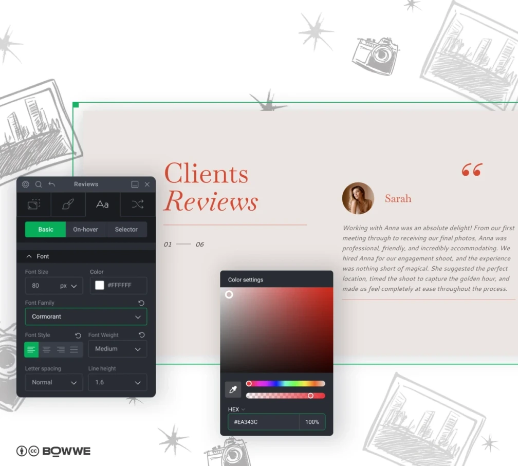 Creación de la sección de Reseñas en el sitio web del fotógrafo creado en BOWWE Website Builder