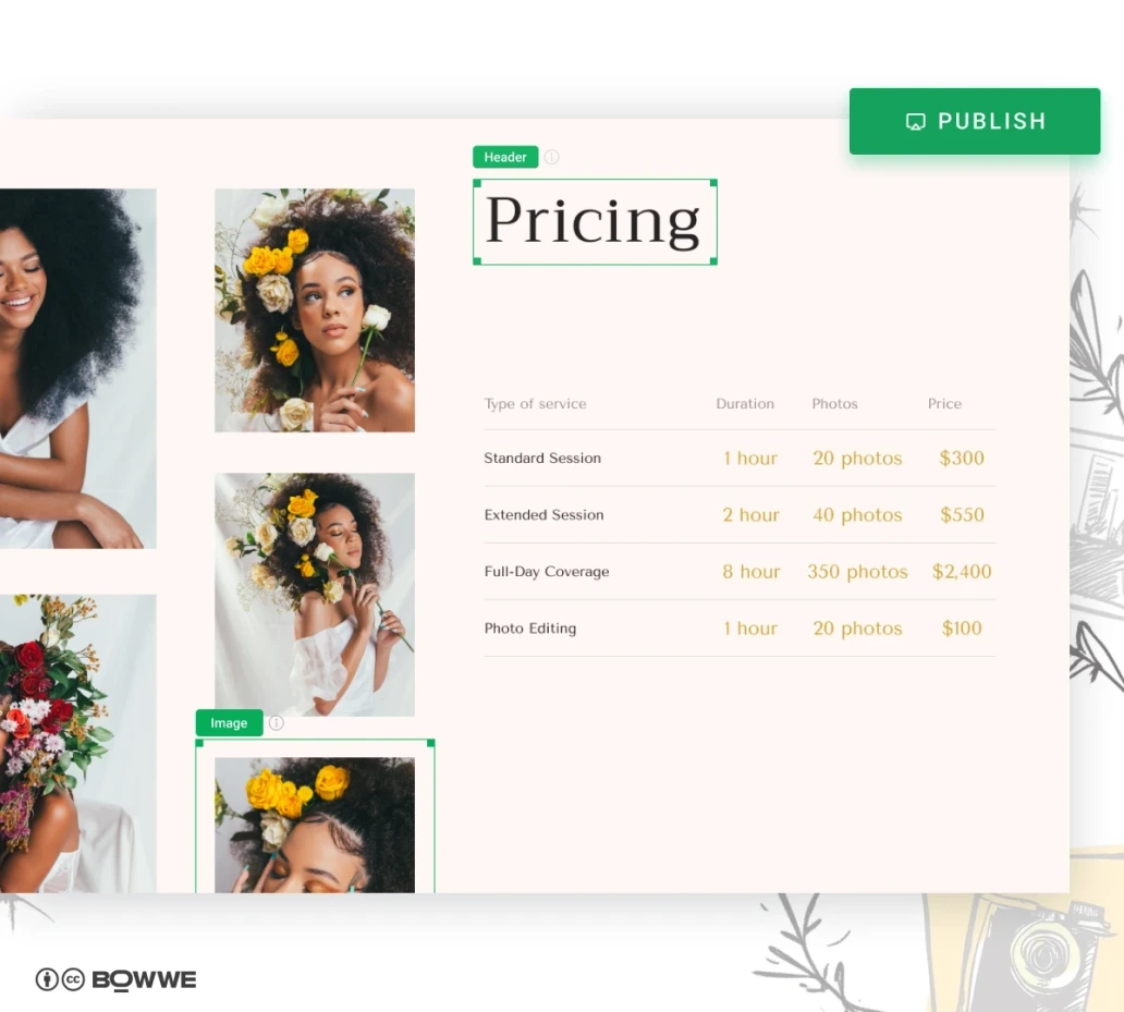 Creación de precios en el sitio web del fotógrafo creado en BOWWE Website Builder