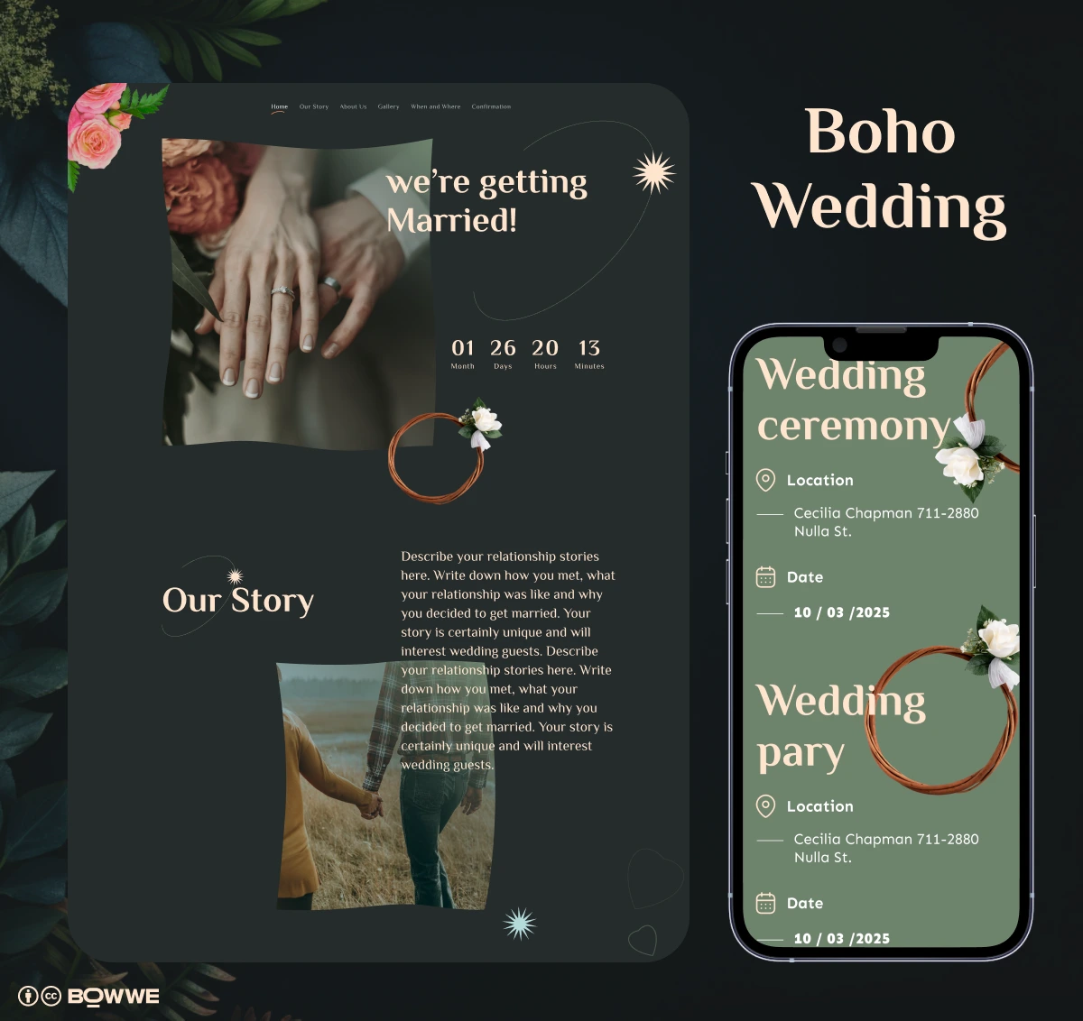Modello di sito web per matrimoni Boho di BOWWE Website Builder
