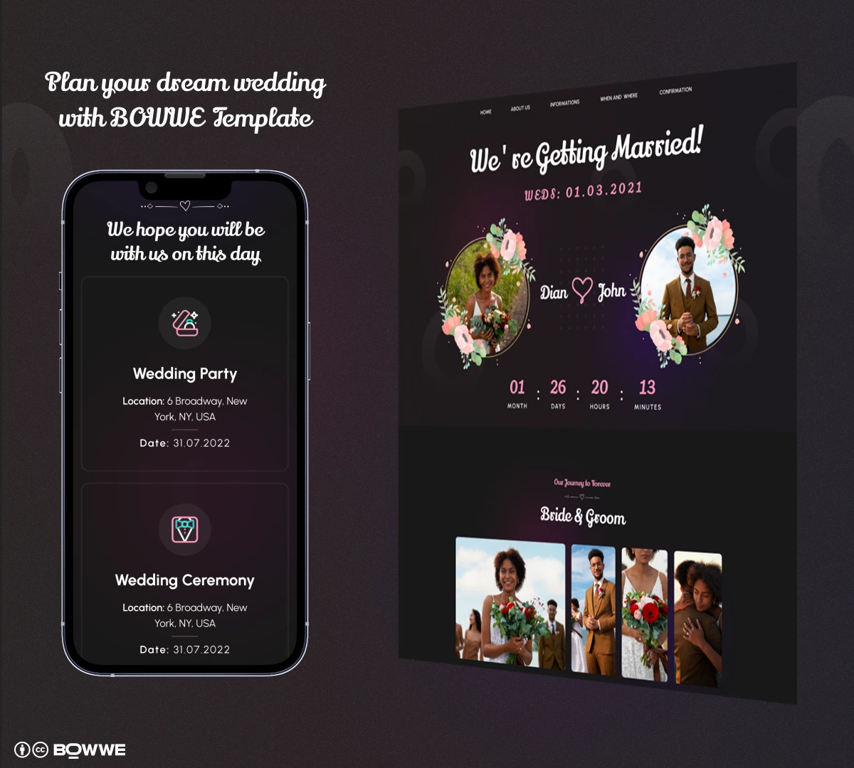 Modello di sito web per dolci matrimoni di BOWWE Website Builder