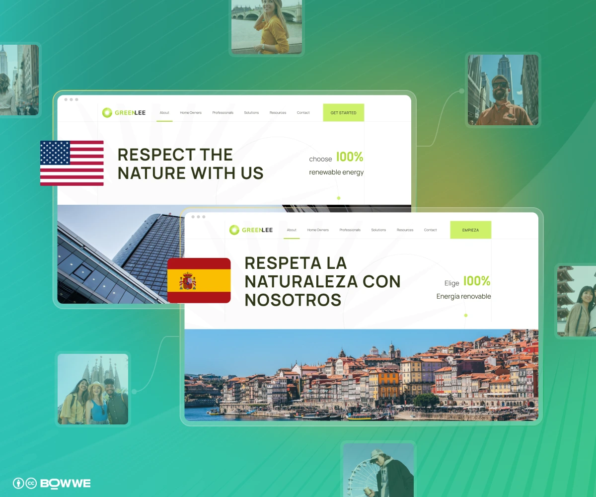 Two language version of one page made in BOWWE AI Multi Language Website Builder with photos
