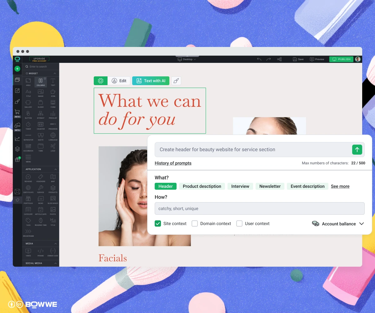 Creation of beauty salon website content through AI Text Generator in BOWWE Website Builder