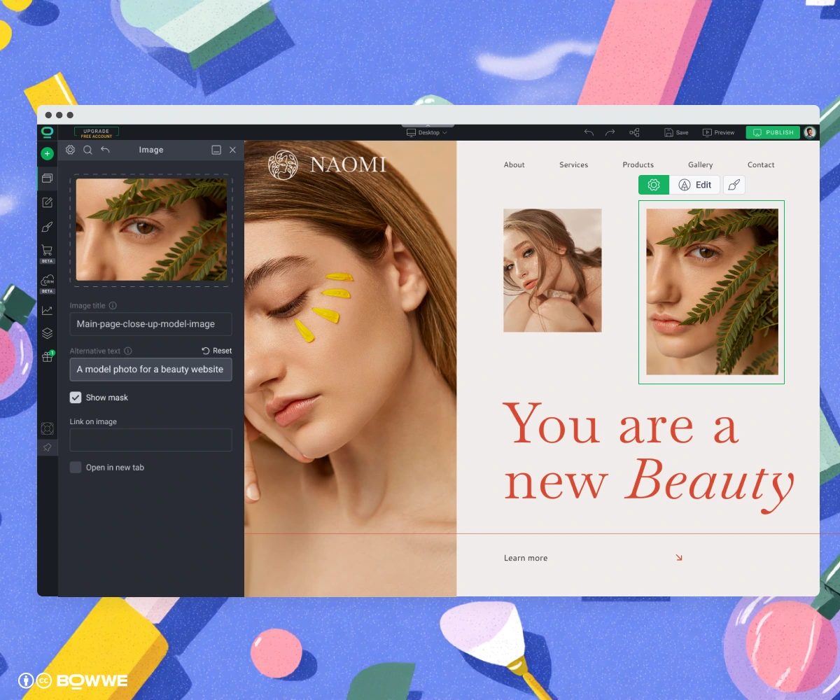Creation of ALT text for image on beauty salon website made in BOWWE Website Builder