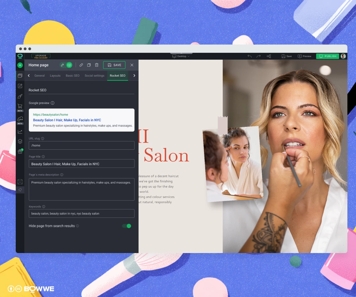 Beauty salon website made in BOWWE Website Builder with SEO settings for beauty salons