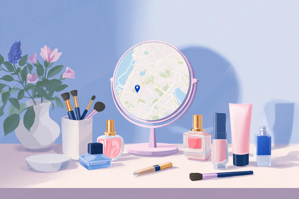 Vanity mirror with view of map with pin. Surrounded by beauty items like brushes, perfume bottles, and nail polish.