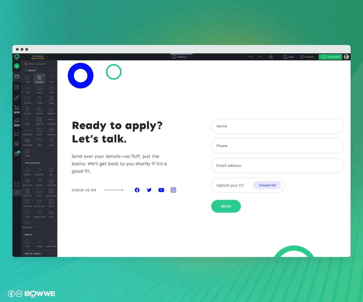 Career Page with contact form made in BOWWE Website Builder