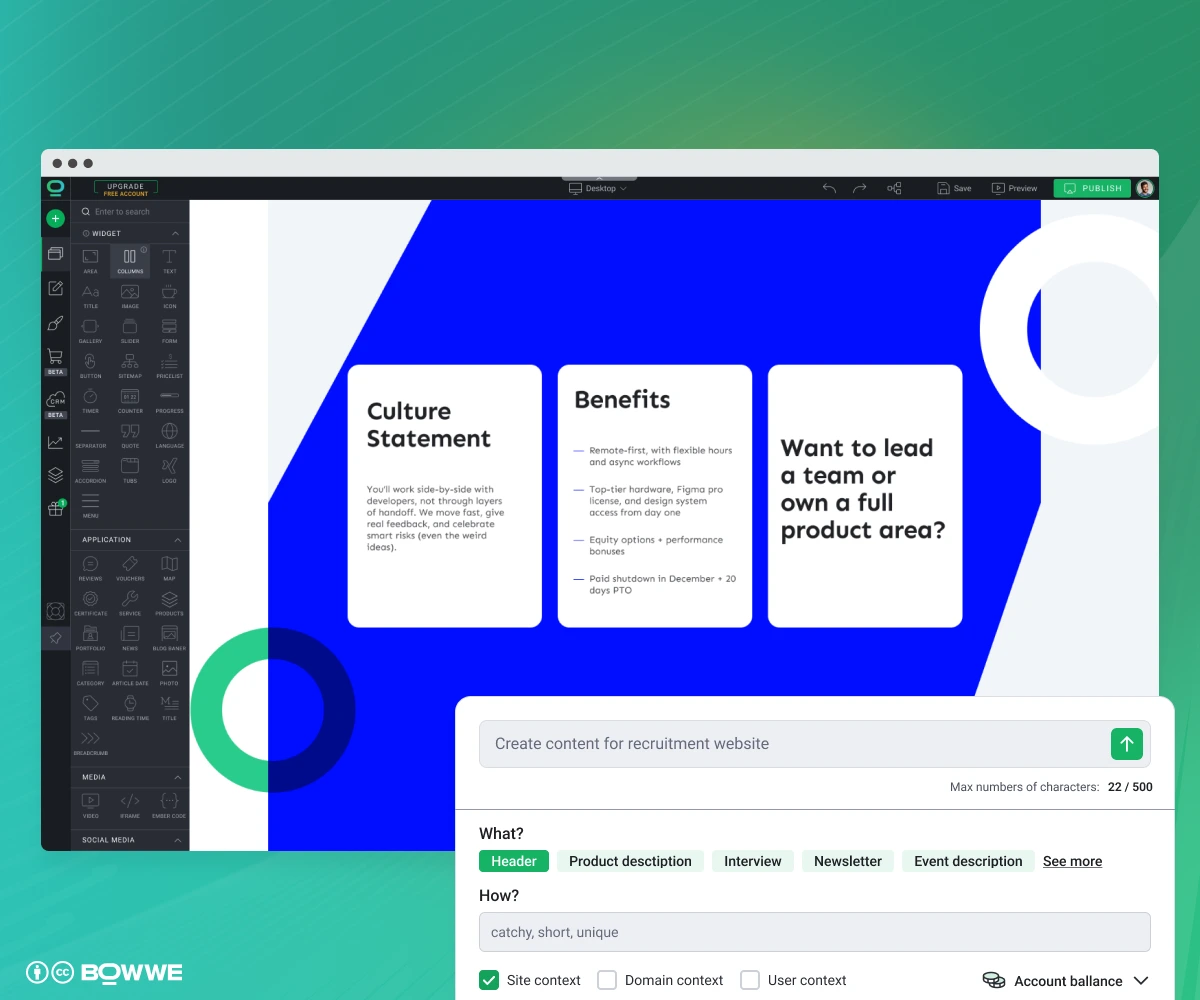 Career Page with culture and growth benefits made in BOWWE Website Builder