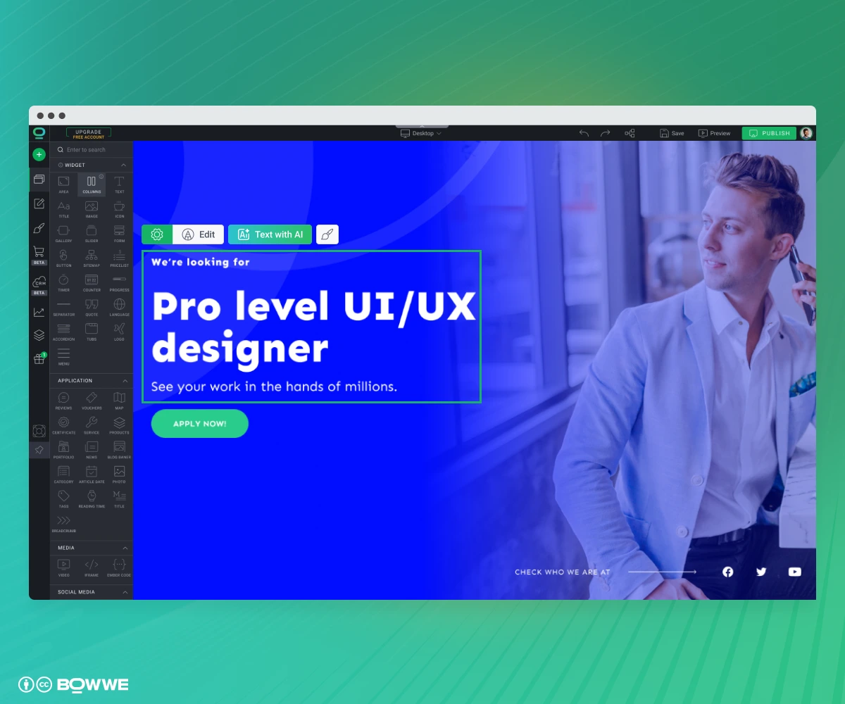 Career Page hero with photo and header made in BOWWE Website Builder
