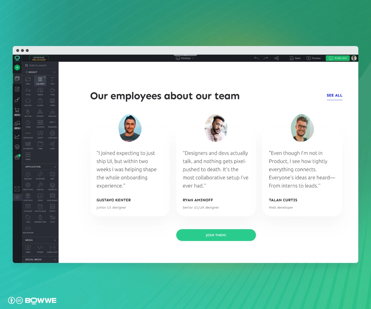 Career Page with social proof section made in BOWWE Website Builder