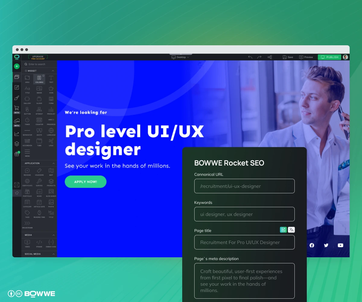Career Page with Rocker SEO settings in BOWWE Website Builder