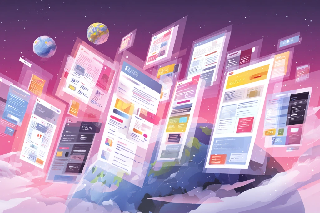 Abstract editorial illustration of multilingual website templates floating around globe
